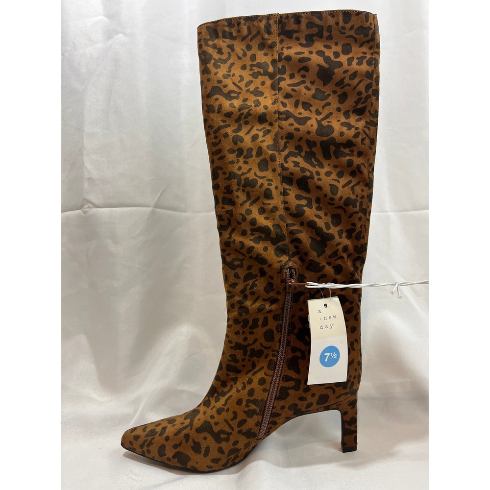 A New Day Womens Leopard Print Knee High Kitten Heel Boots Brown Black Size 7.5 - Picture 4 of 7